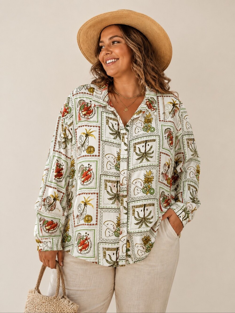 NWT Autres Filles Button Up Blouse Size 2X Fruit Palm Tree Top